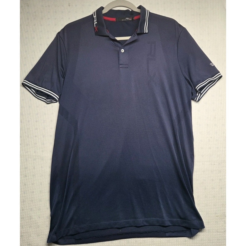RLX Ralph Lauren Polo Shirt Mens Medium Navy Performance Golf Wolf Creek Stretch